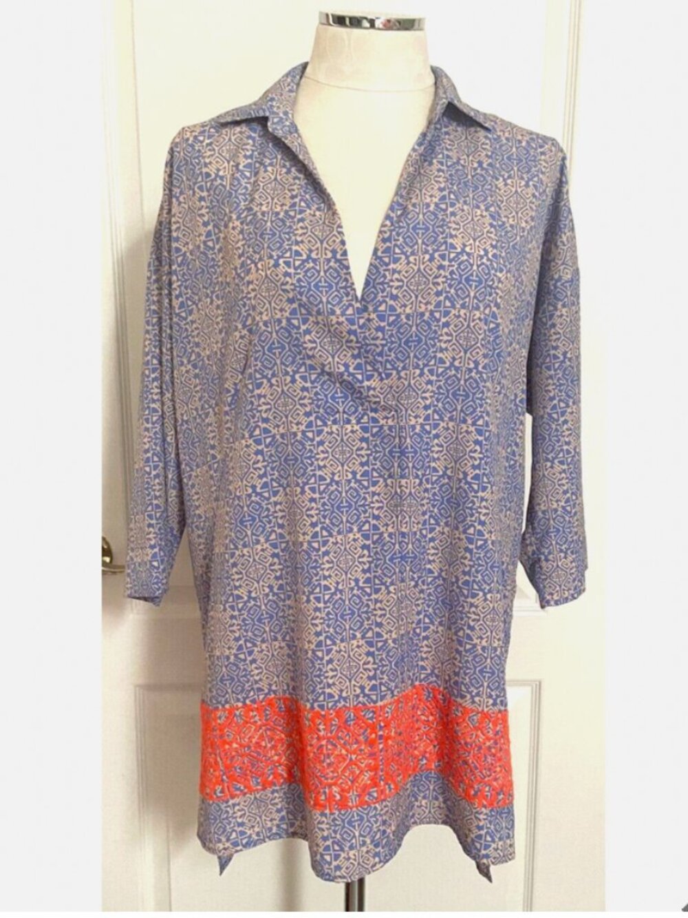Uncle Frank Long Sleeve Blue Orange Polyester Lightweight V Neck Tunic Top S FX1